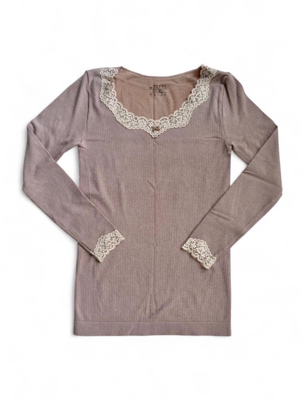 coquette lace trim beige ribbed top